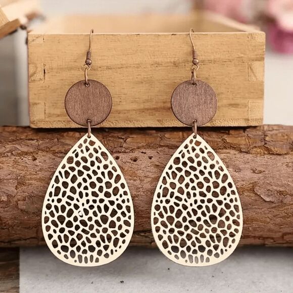 Lightweight Wooden Hollow Teardrop Dangle Earrings 2-Tone Fashion Jewelry Boho - Picture 2 of 5